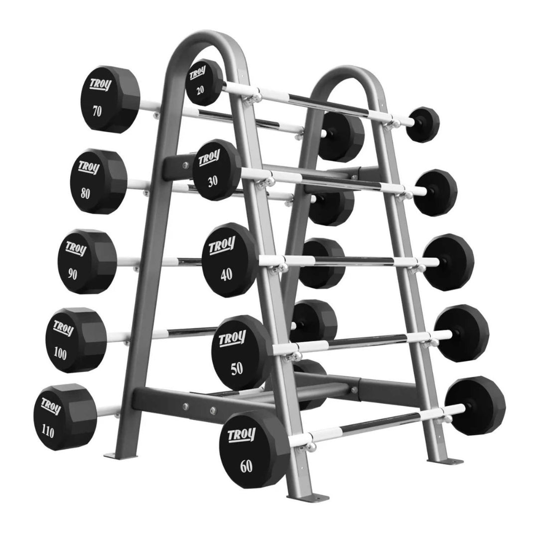 Troy COMMPAC-TSBU110 12-sided fixed urethane barbell set loaded on the BB-10 horizontal barbell rack.