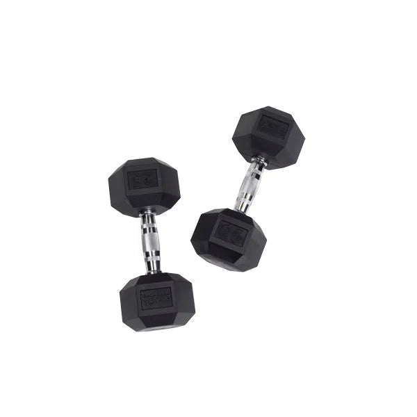 pair of 25 lb. body solid rubber hex dumbbells