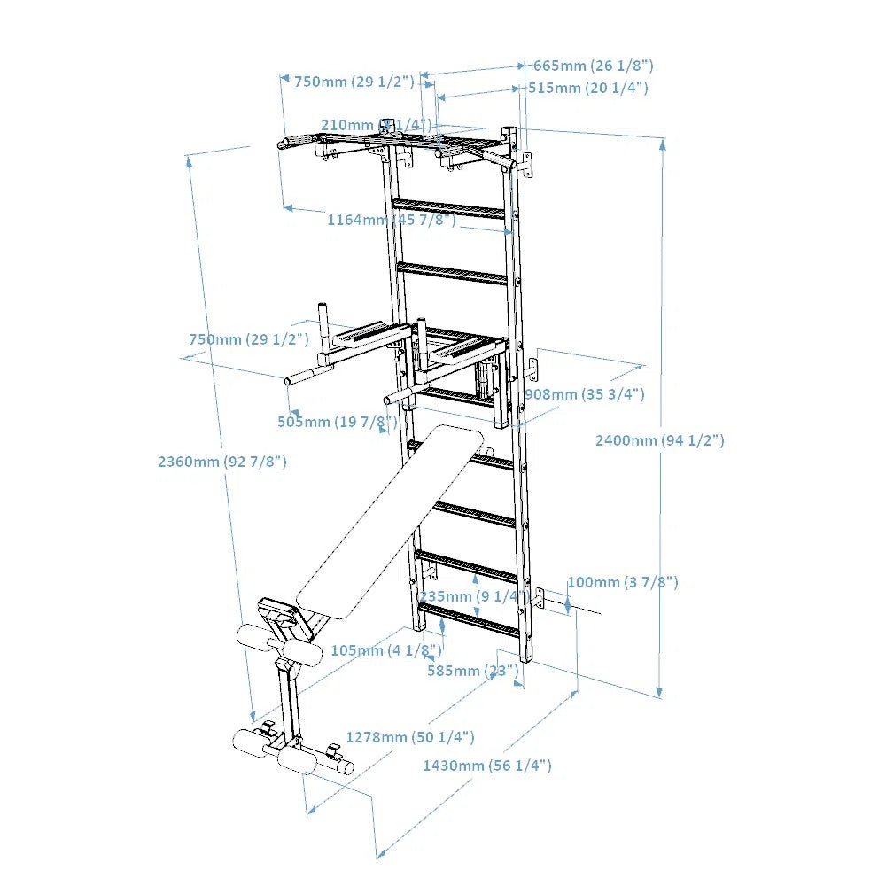 The BenchK Pro Gym Swedish Ladder (723) includes a pull-up bar, dip bar, and adjustable bench. Dimensions in mm and inches make setup easy for all components.