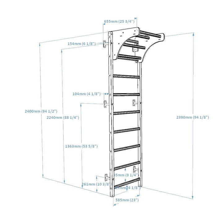 Diagram of the BenchK Home Stall Bars w/ Wooden Pull-Up Bar (711) by BenchK, a wall-mounted ladder, ideal for home gyms. Dimensions: height 2400mm (94.5), width 585mm (23). It includes six rungs and a top protruding section with curved supports, great for pull-up or stall bar exercises.