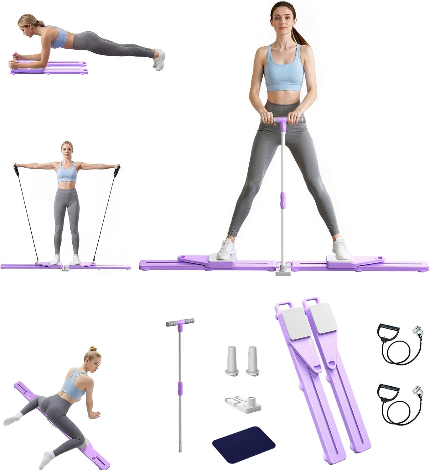 A woman demonstrates various exercises with a portable purple stretching and resistance training device, shown in multiple positions, alongside its components and accessories.