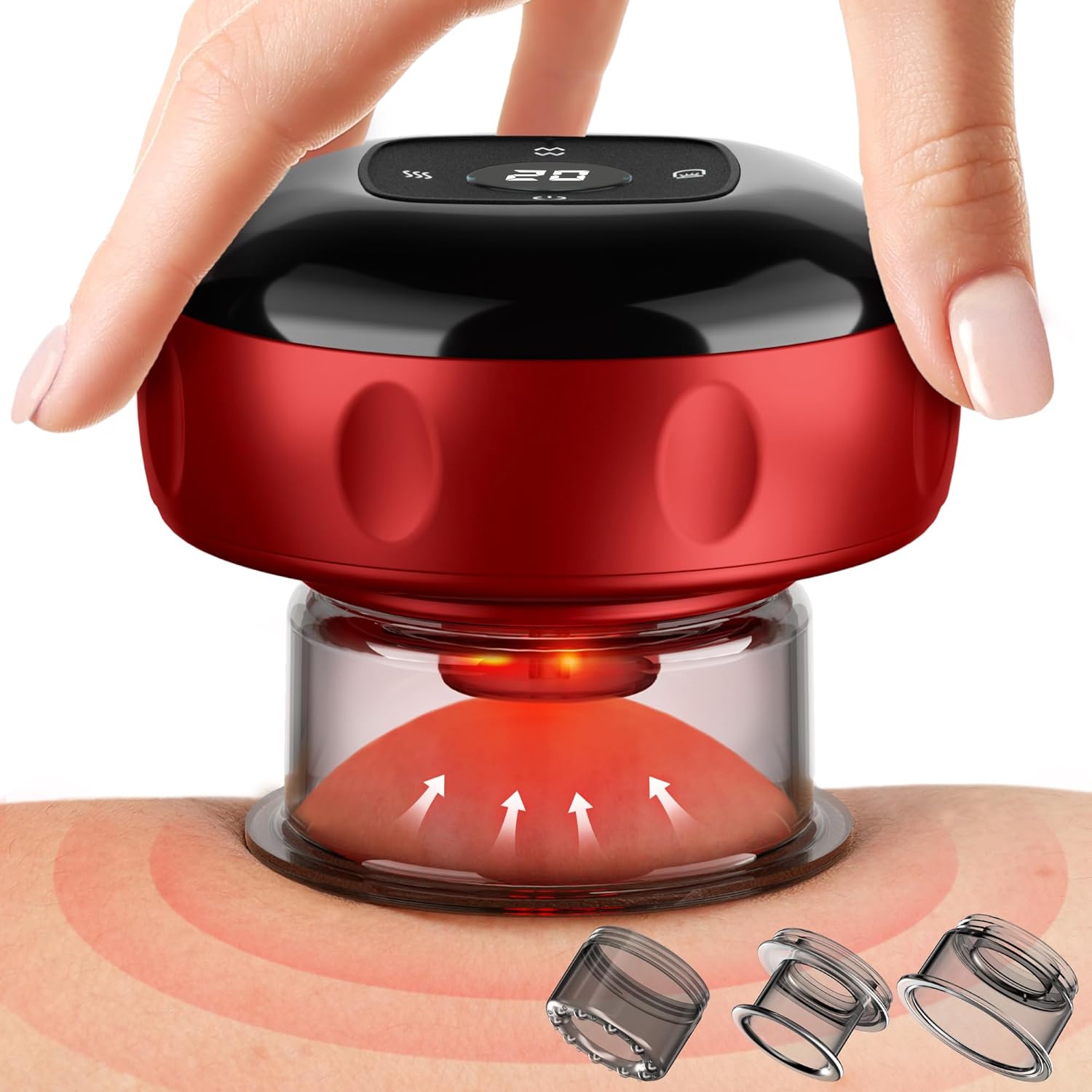 A hand holds an electric cupping therapy device with a red and black design, placed on skin. The device emits red light, and three detachable cups are shown nearby.
