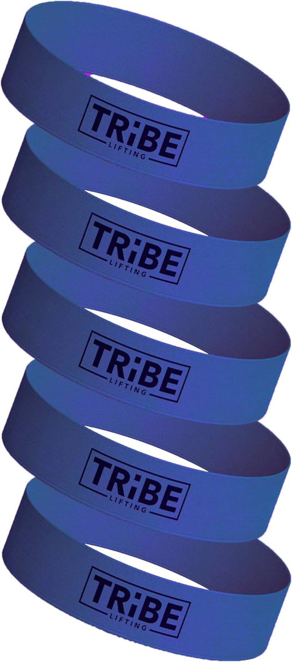 Five blue resistance bands stacked vertically, each featuring the bold black Tribe logo. Ideal for strength training and flexibility workouts, these Tribe Fabric Resistance Bands for Botty Workout enhance your exercise routine with style and durability.