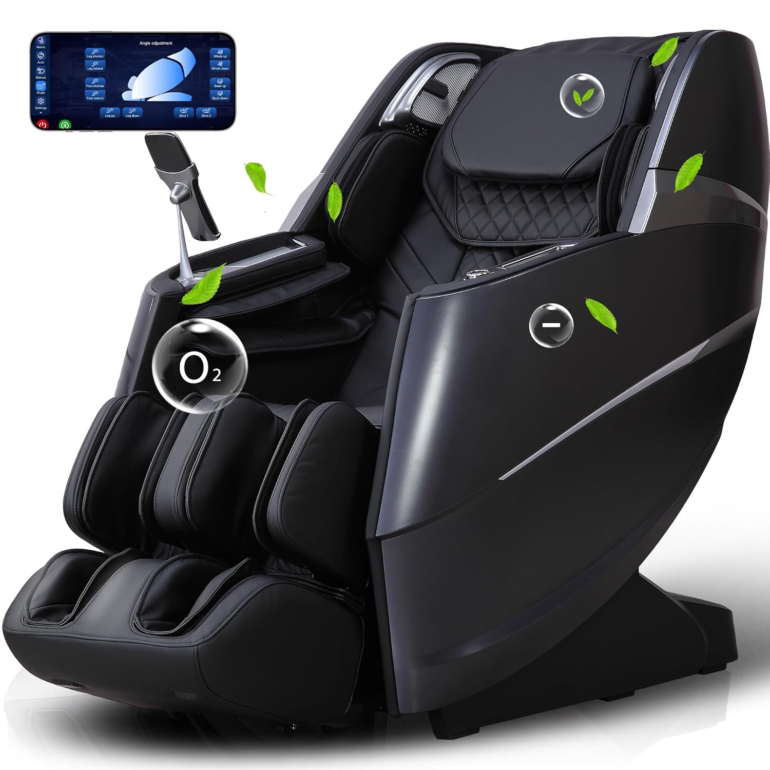 A modern black massage chair with padded cushions, control panel, and attached touchscreen display. Green leaf icons highlight features, suggesting comfort and advanced technology.