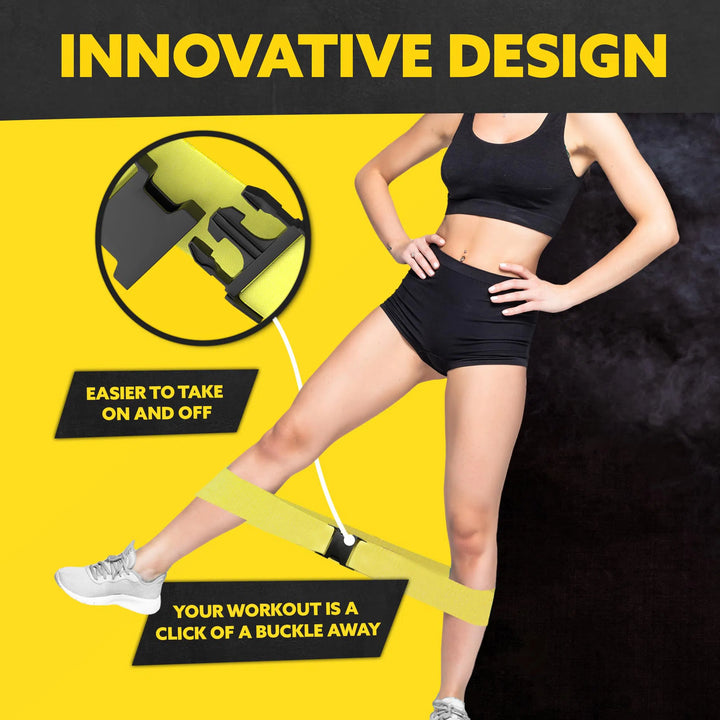 A person in a black sports outfit demonstrates the innovative Tribe Fabric Resistance Bands for Botty Workout. With its yellow band and buckle, the designs ease of use is further enhanced by a convenient clip, streamlining and enhancing workout efficiency.