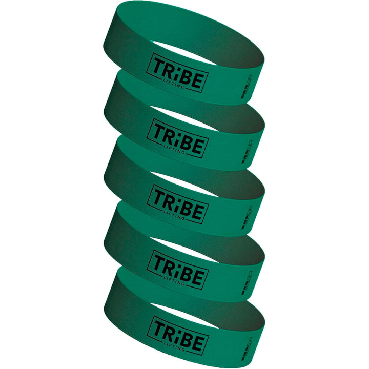 Five Tribe Fabric Resistance Bands for Booty Workout are stacked vertically, their green hue interrupted only by the bold, black Tribe logo.