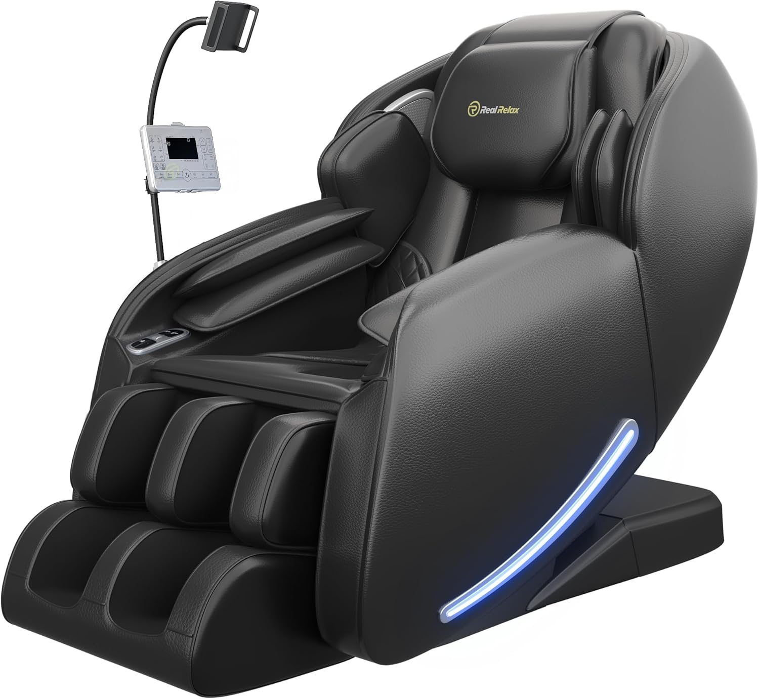 A modern massage chair with brown and black upholstery, built-in leg rests, and an attached digital control panel. The chair has a sleek, ergonomic design for relaxation and comfort.