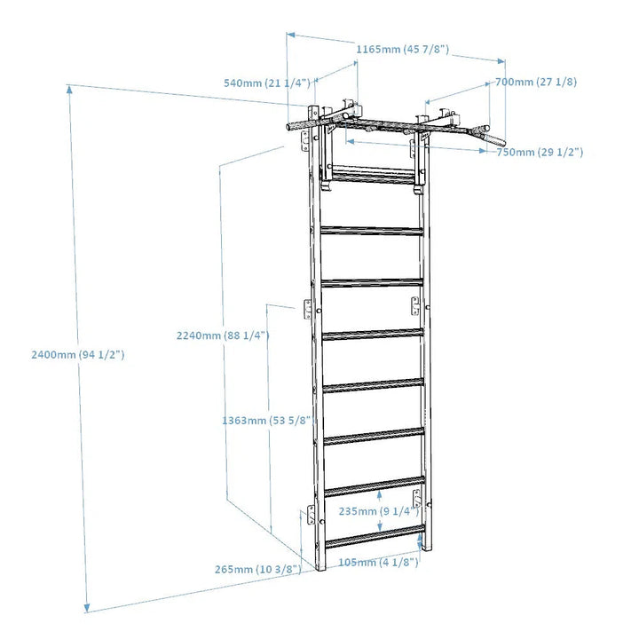 This technical drawing details the BenchK Home Wall Bars w/ Flex Pull-Up Bar (731), a wall-mounted folding ladder by BenchK, compliant with European safety standards. It has a collapsed height of 1165mm, an extended height of 2400mm, and dimensions in millimeters and inches.