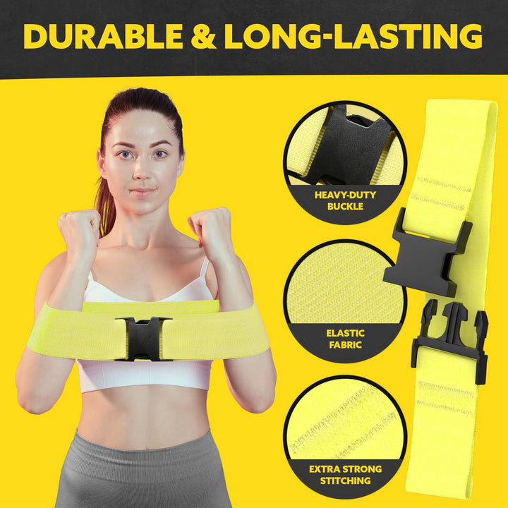 A woman in workout gear holds a Tribe Fabric Resistance Band across her chest. With a heavy-duty buckle, elastic fabric, and strong stitching, its set against a vibrant yellow backdrop displaying Durable & Long-Lasting.