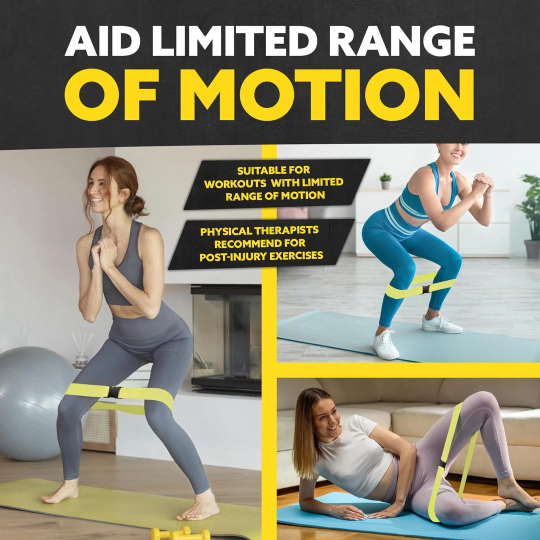 Three images show women using Tribe Fabric Resistance Bands for Botty Workout: top left, stretching with a band and fitness ball; top right, squatting with the band; bottom, doing leg exercises. Text reads: Aid Limited Range Of Motion. Keywords recommend proper technique to boost strength.