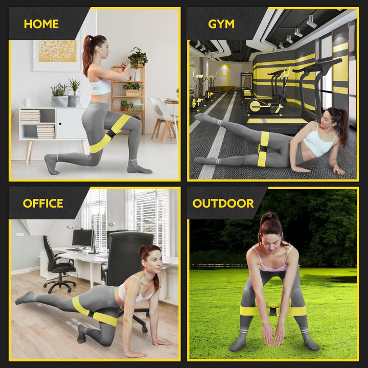 A woman masterfully uses Tribe Fabric Resistance Bands for her botty workout in four settings: a cozy living room, an energized gym, a focused office, and a serene grassy area, showcasing her varied poses in each unique environment.