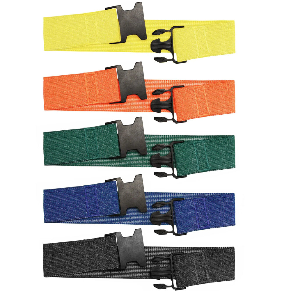 The Tribe Fabric Resistance Bands for Botty Workout by Tribe come in six vibrant colors: yellow, orange, green, teal, blue, and black. Each band features a durable black plastic buckle, perfect for adding a pop of color to any outfit while ensuring security during workouts.