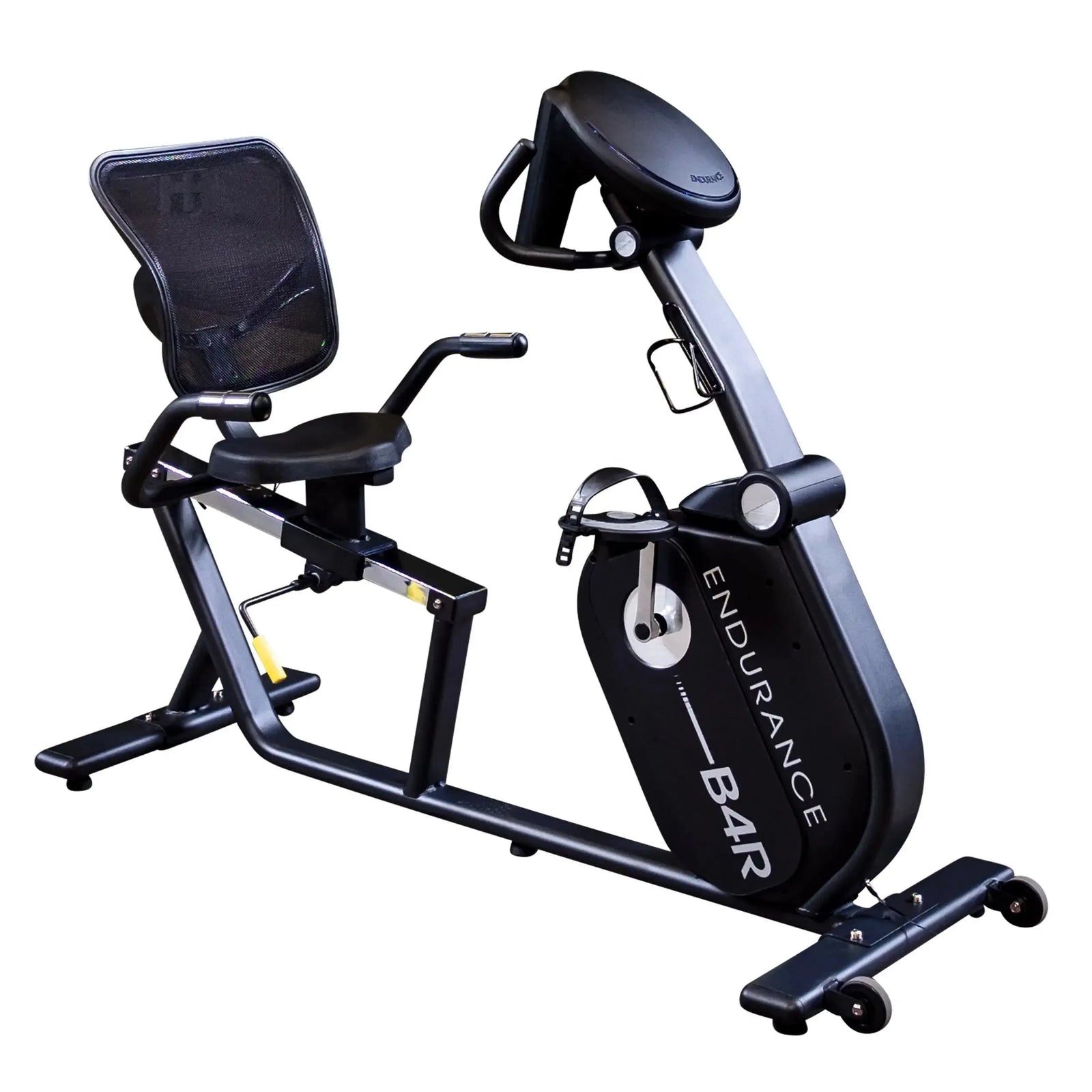 Body-Solid Endurance B4RB recumbent bike, full side view showing the step through frame and mesh seat back