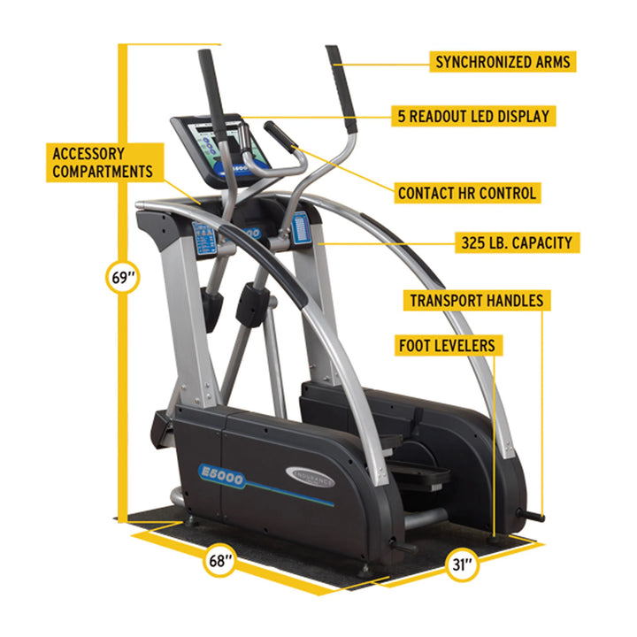 Endurance Commercial Elliptical Machine E5000 product dimensions and its parts labeled