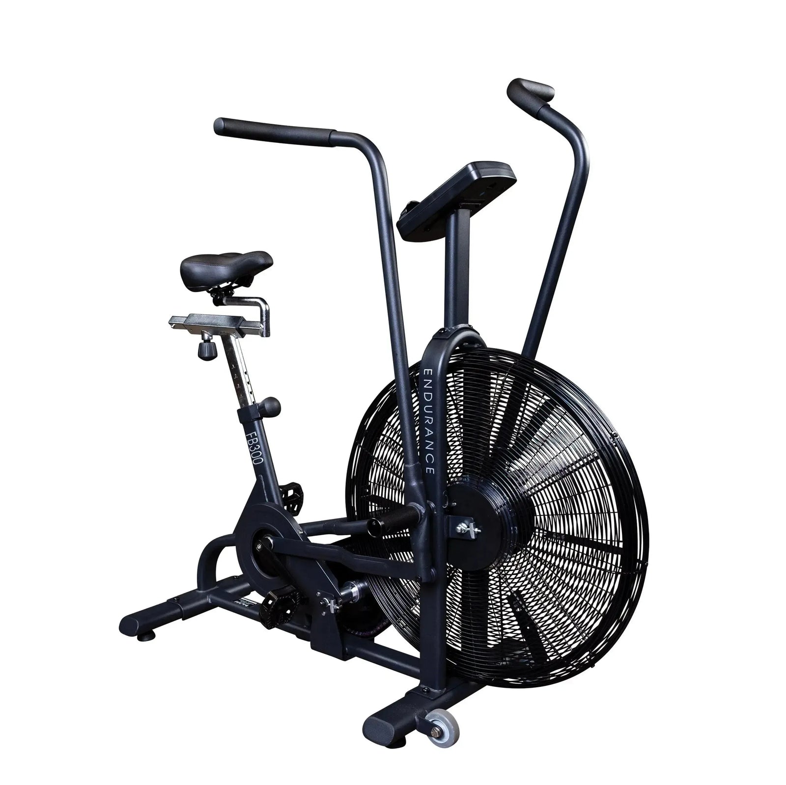 Body-Solid Endurance FB300B dual action fan bike, full side view showing the 27 in. steel fan and moving handlebars