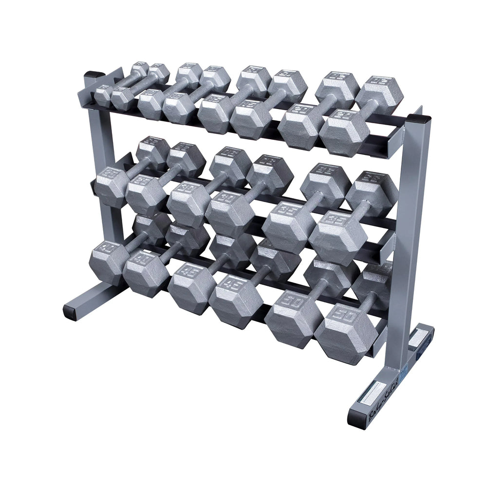 Body-Solid 5-50 lb. Iron Hex Dumbbell Package with Rack GDR363-PKG on display