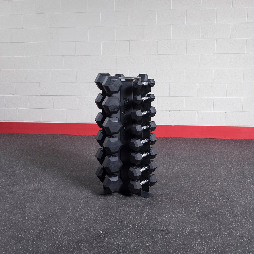 Body-Solid 5-50 lb. Rubber Dumbbell Package with Vertical Rack GDR80-SDRS550 on display