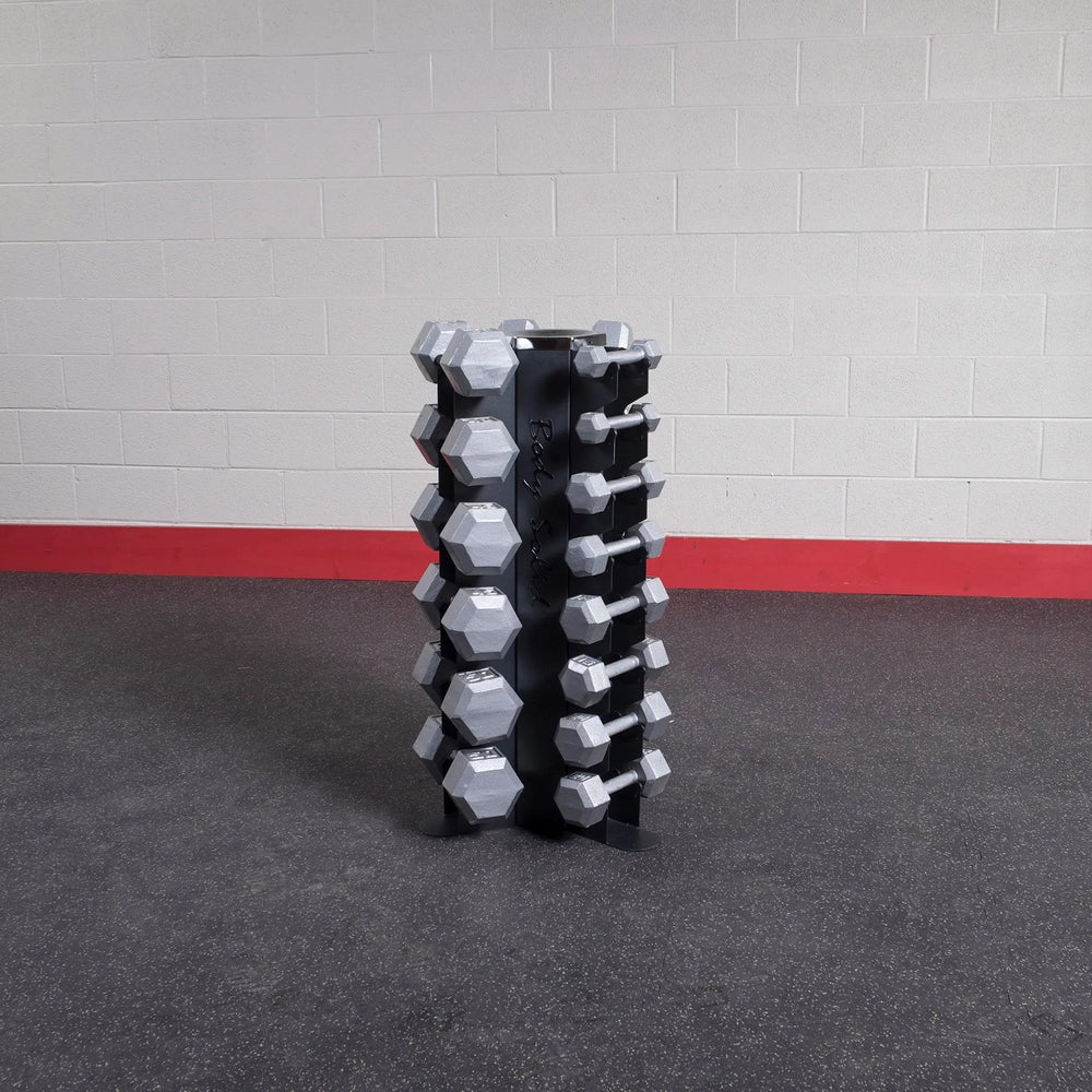 Body-Solid 5-50 lb. Iron Hex Dumbbell Package with Vertical Rack GDR80-SDX550 on display