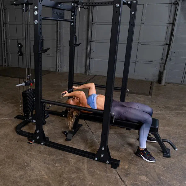 woman bar cable skull crushers on Body-Solid Power Rack with Pulley System GPR400