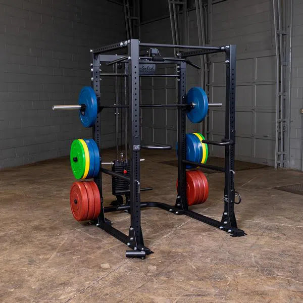 Body-Solid Power Rack with Pulley System GPR400 on display with weight plates