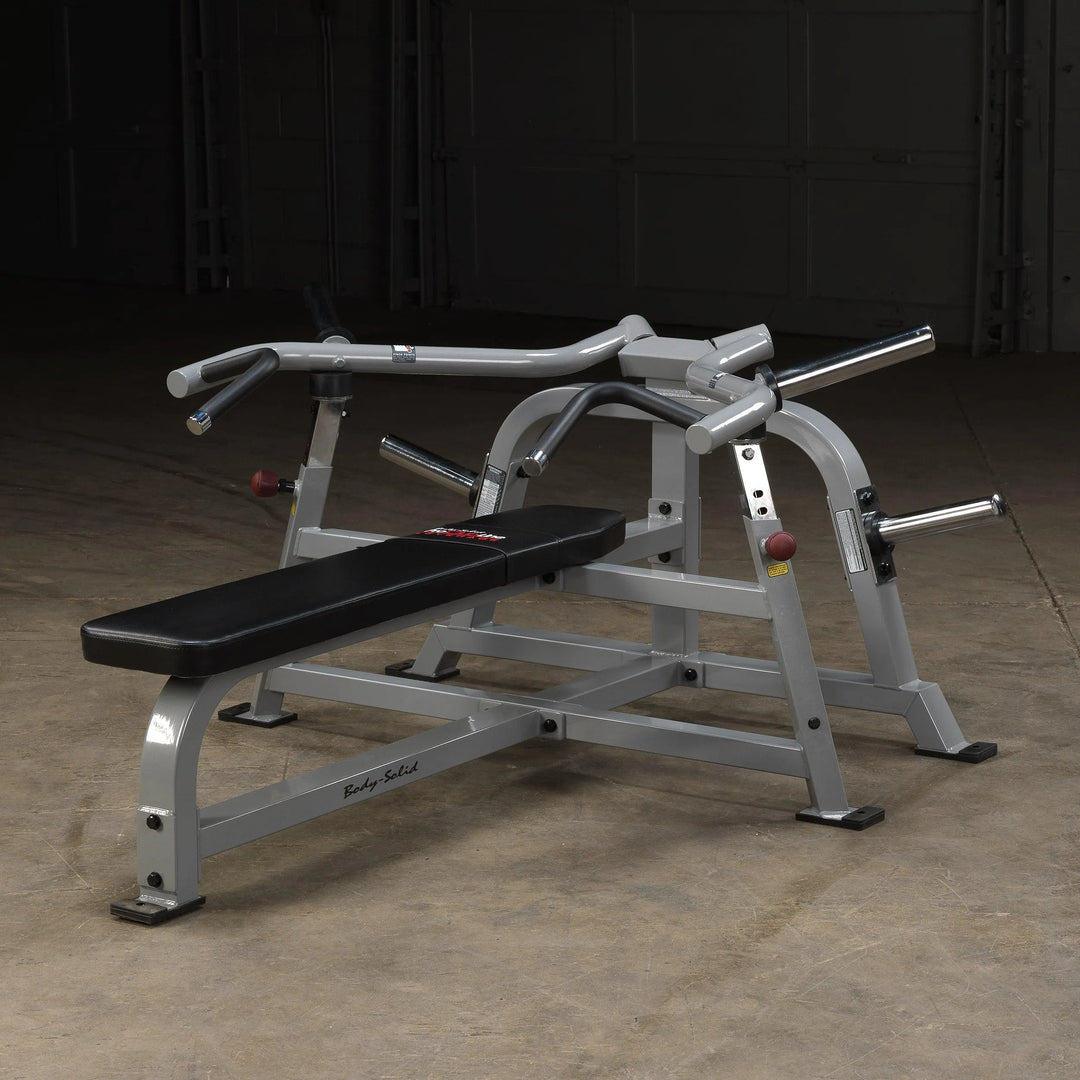Body-Solid Bench Press Machine LVBP on display without the weight plates