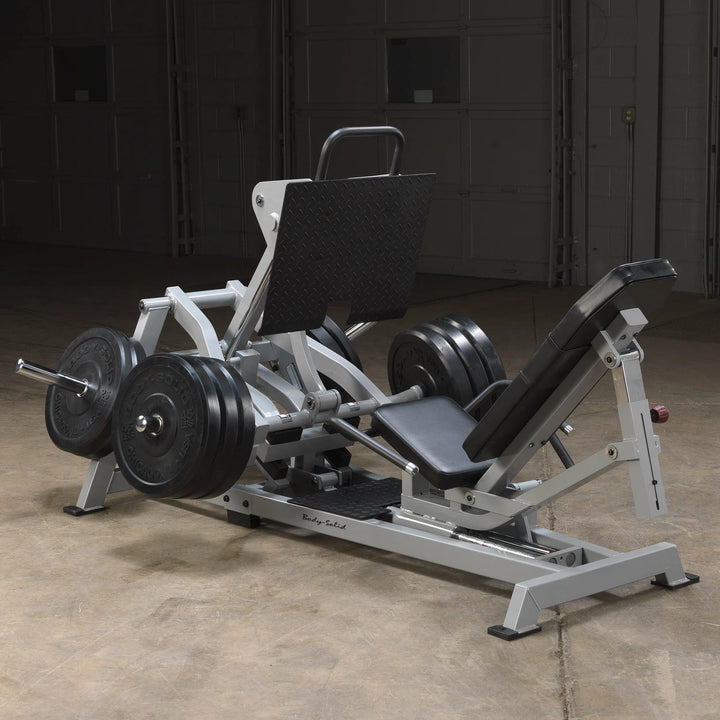 Body-Solid Horizontal Leg Press Machine LVLP on display with the weight plates