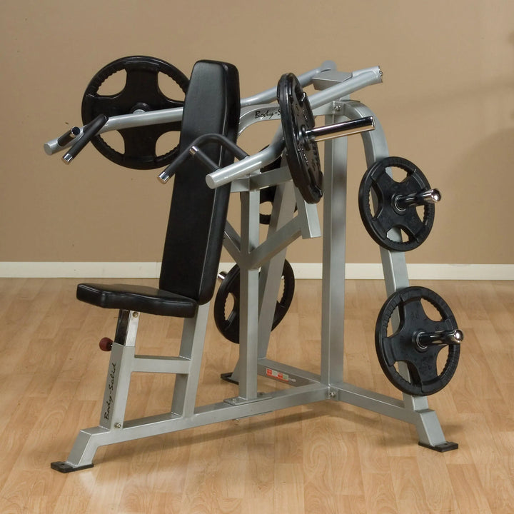 Body-Solid Seated Shoulder Press Machine LVSP showcased with the weight plates
