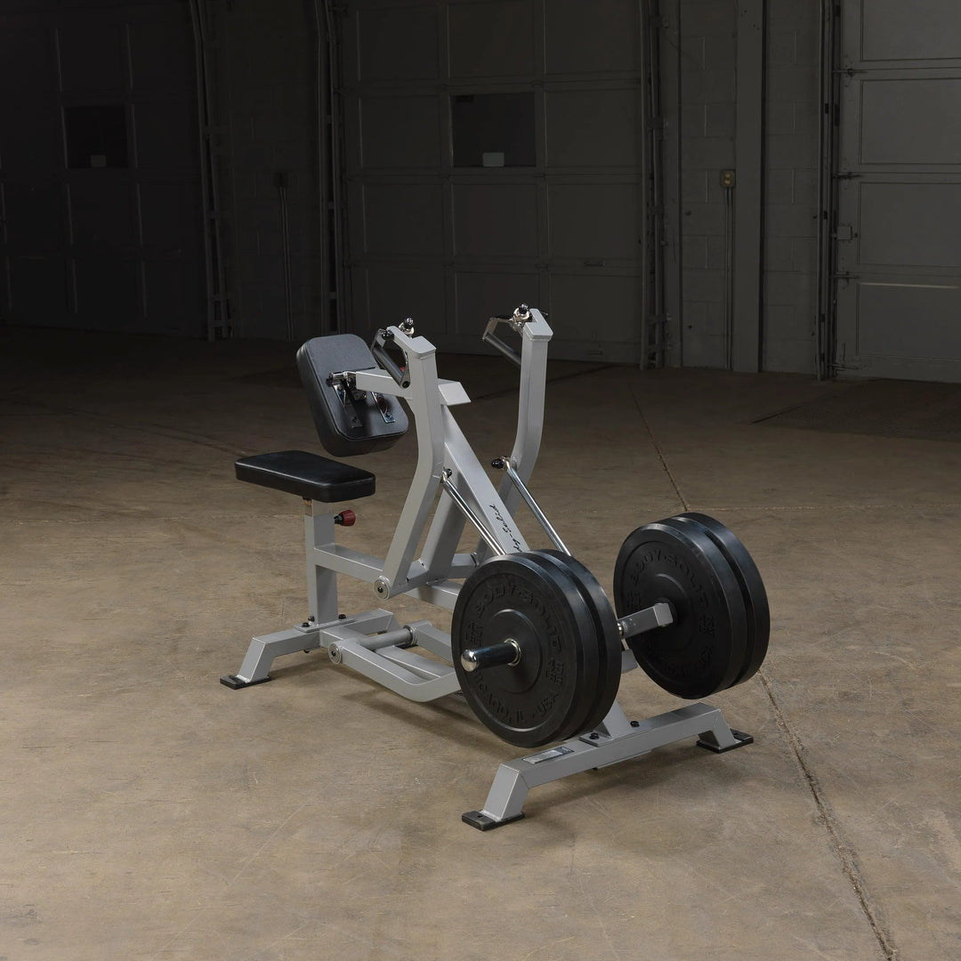 Body-Solid Back Row Machine LVSR on display with weight plates