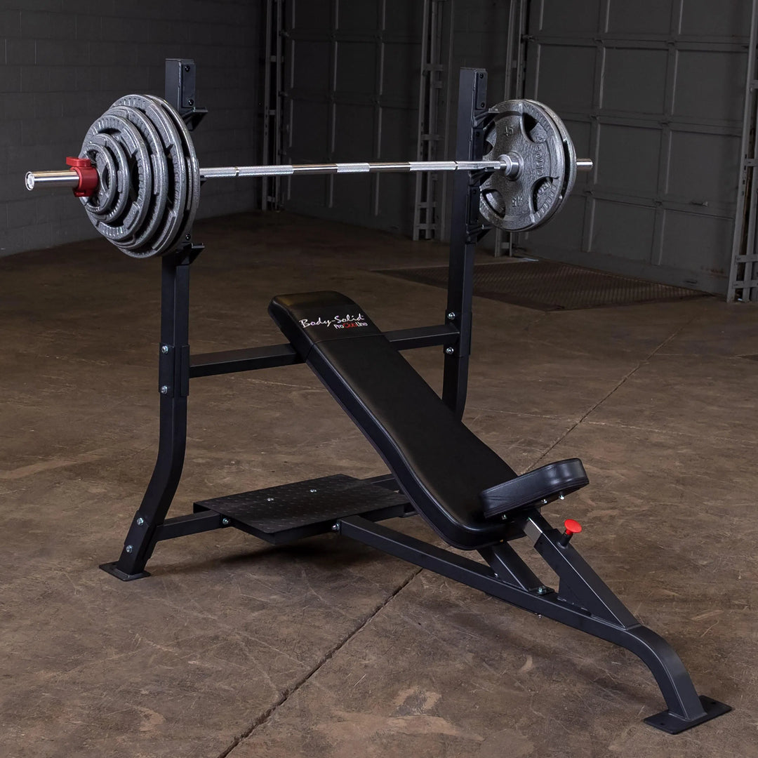 Body-Solid Commercial Olympic Incline Bench SOIB250 on display with a barbell