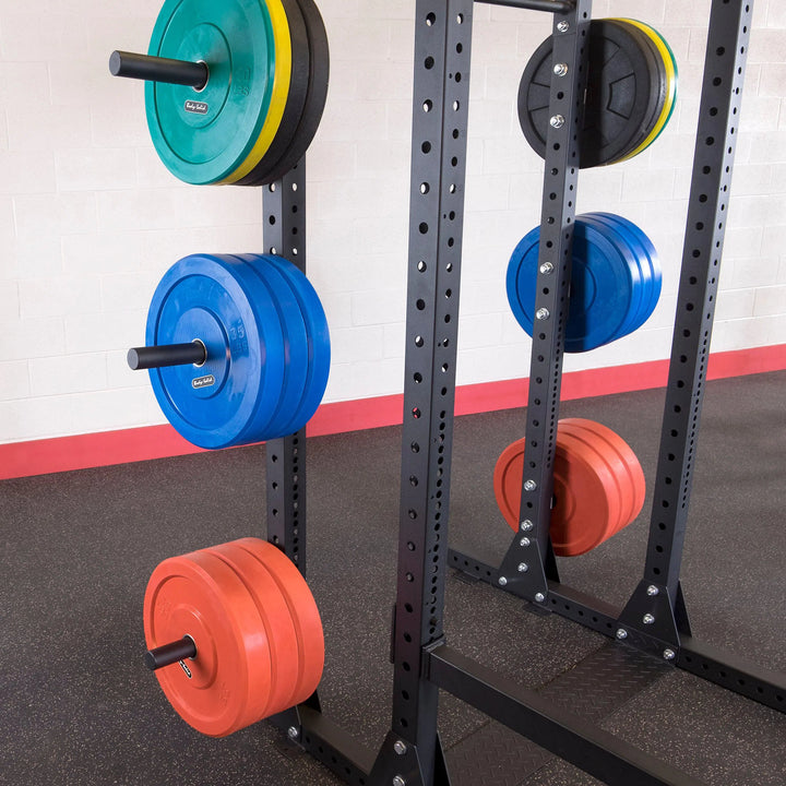 Body-Solid Commercial Power Rack Extended SPR1000Back loaded with color-coded weight plates
