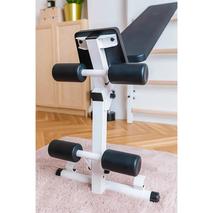 The BenchK Pro Gym Swedish Ladder with Bench, Dip & Pull-Up Bar (723) is set against a wooden floor, featuring a white adjustable sit-up bench with black padded leg supports on a light pink carpet. A wooden cabinet and the Swedish Ladder complete this versatile workout space.