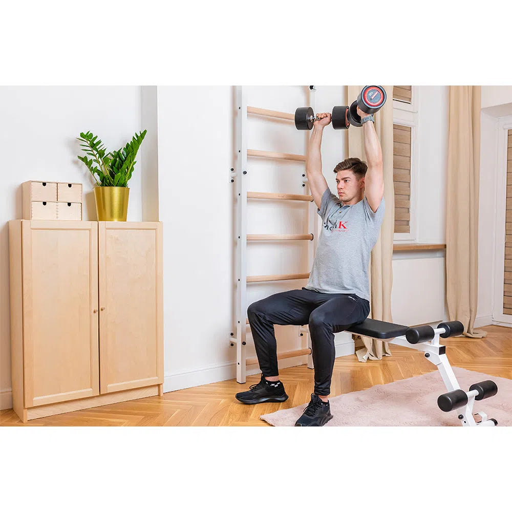 A person is using the BenchK Pro Gym Swedish Ladder with a bench, dip, and pull-up bar (723) in their home gym. They lift dumbbells above their head while seated on the bench, in front of a wall-mounted Swedish ladder and wooden cabinet topped with a large green plant for a natural touch.