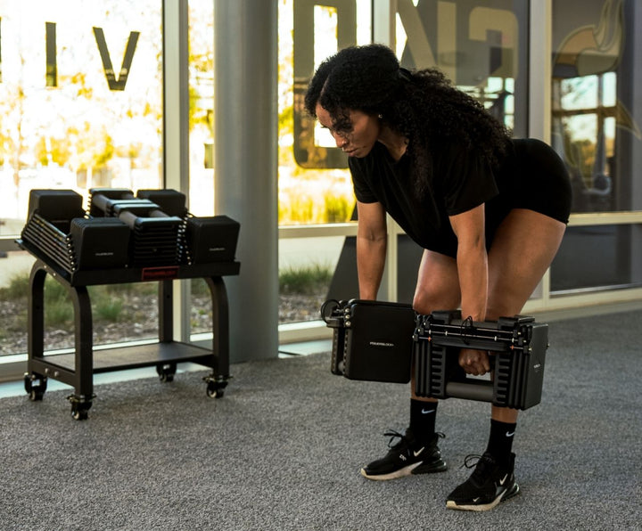 PowerBlock Commercial Pro 175 dumbbell pair loaded on the included Pro Max Stand