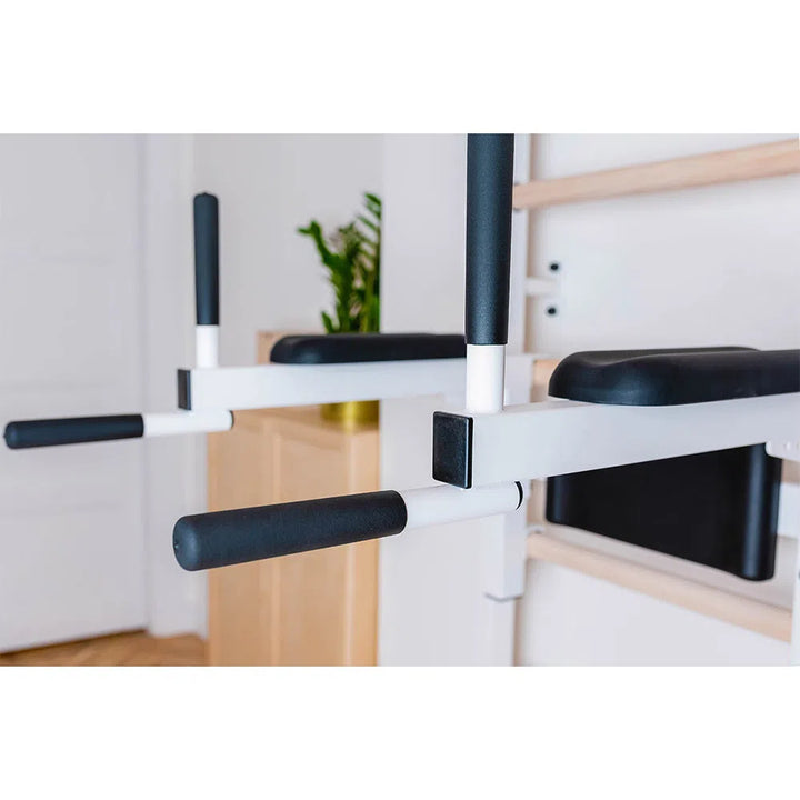 Close-up of a BenchK Pro Gym Swedish Ladder (723) featuring a wall-mounted pull-up bar with black handles and padded armrests that can also be used as a dip bar. A potted plant, wooden cabinet, and white walls are visible in the background.