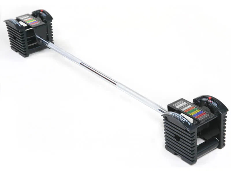The PowerBlock Pro Series Barbell by PowerBlock features a silver-finished, knurled bar connecting black weight blocks with colorful labels, ensuring easy selection for various workout levels.