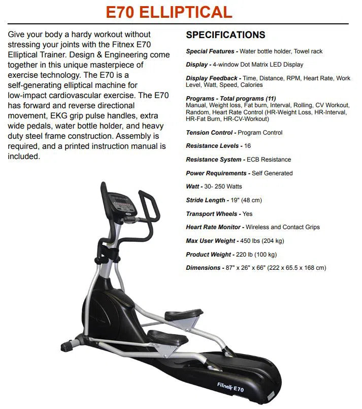 Fitnex Cross Trainer E70 detailed specifications and dimensions