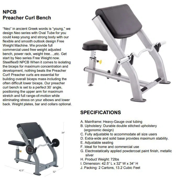 SteelFlex Commercial Preacher Curl Bench NPCB product specifications and dimensions
