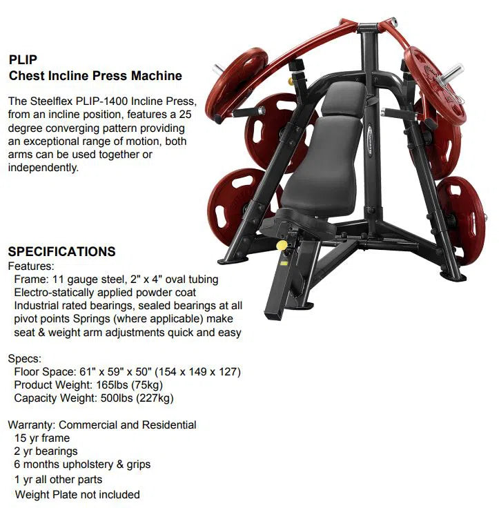 SteelFlex Incline Bench Machine PLIP product specifications and summary