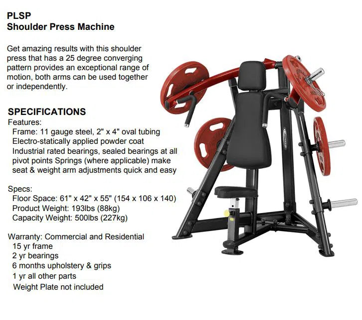 SteelFlex Overhead Press Machine PLSP product specifications and summary