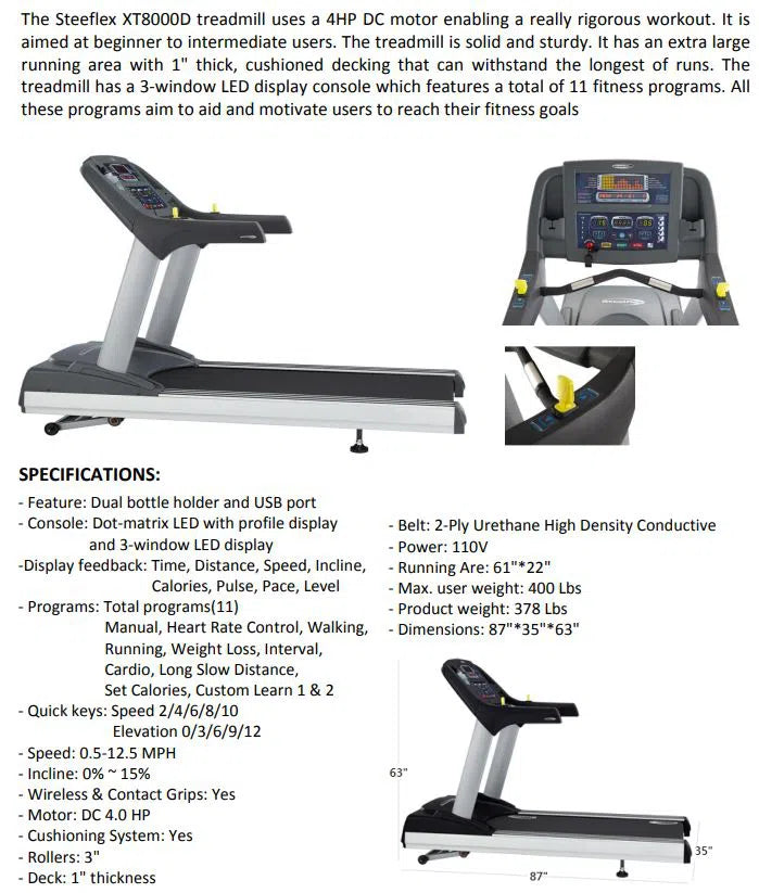 SteelFlex Commercial Treadmill XT8000D product specifications and dimensions