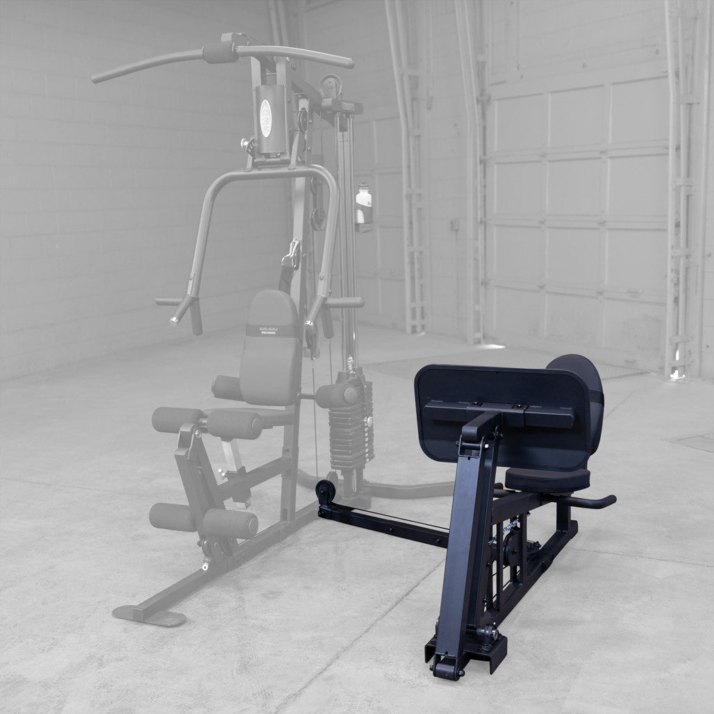 Body-Solid GLP leg press attachment seat and back pad positioning on a G Series gym