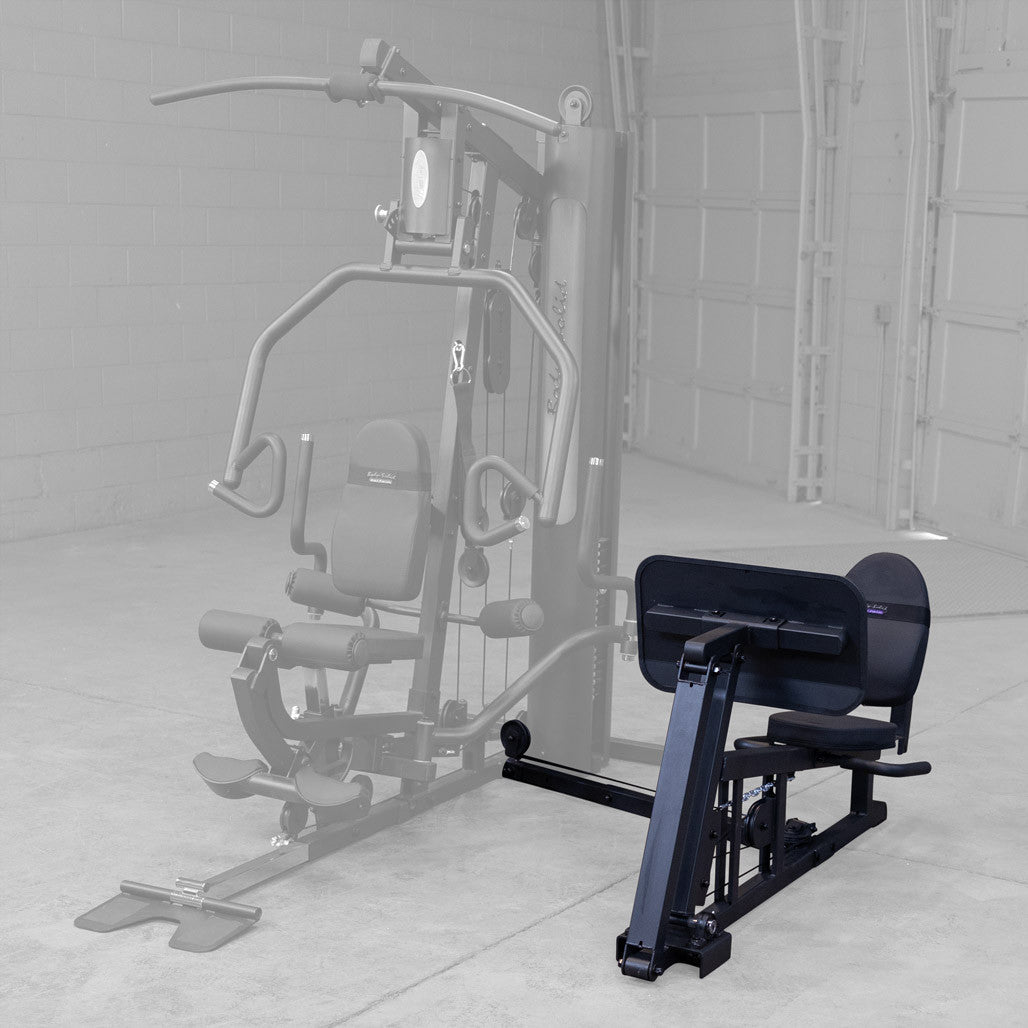 Angled view of the Body-Solid GLP leg press attachment fitted to a home gym frame