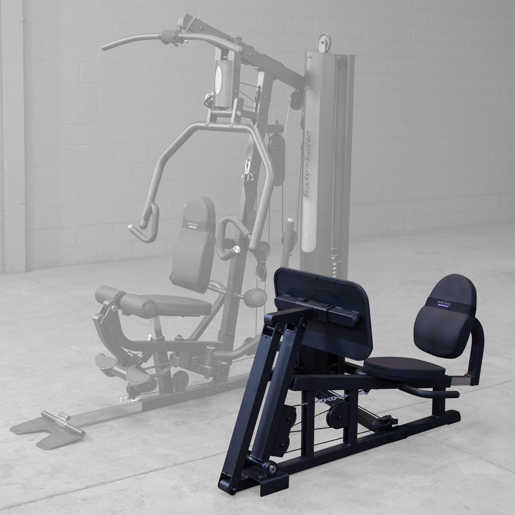 Side view of the Body-Solid GLP leg press attachment showing the double beam frame and press plate