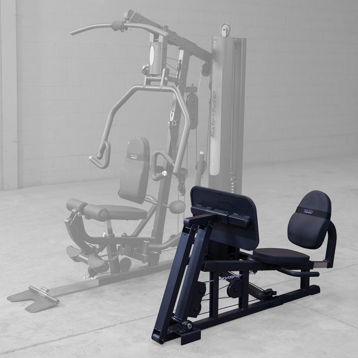 Side view of the Body-Solid GLP leg press attachment showing the double beam frame and press plate