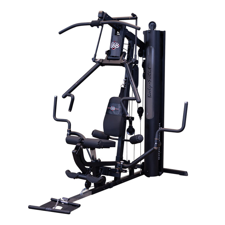 Body-Solid G6B Bi-Angular home gym, full machine on a white background showing the press arm, Perfect Pec arms, leg developer and weight stack