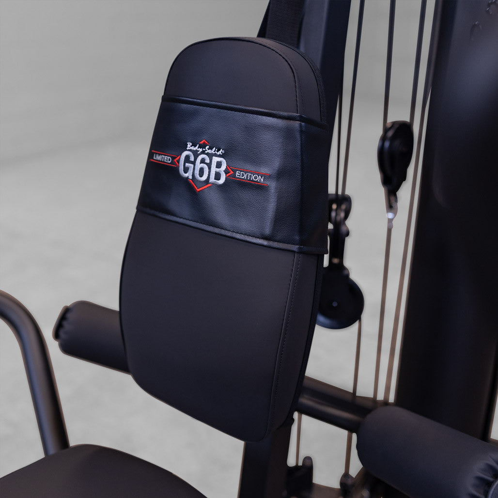 Close up of the G6B Limited Edition badge on the lumbar supported back pad of the Body-Solid G6B