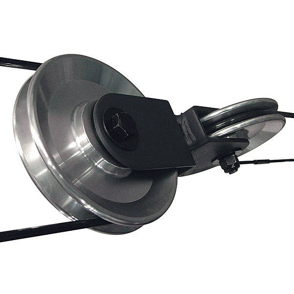 Close view of a Body-Solid machined aluminum pulley showing the cable groove and sealed bearing