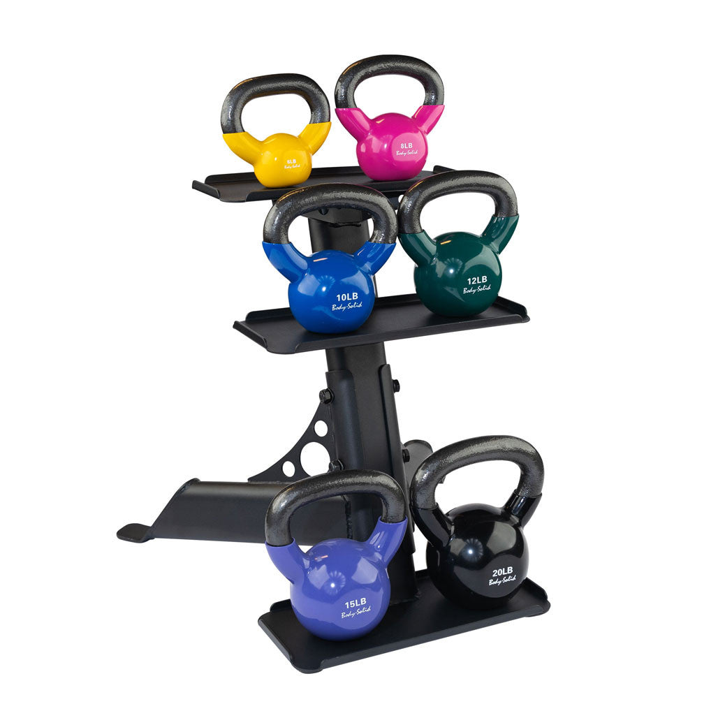 GDKR50B rack loaded with a 70 lb. six bell color coded kettlebell set
