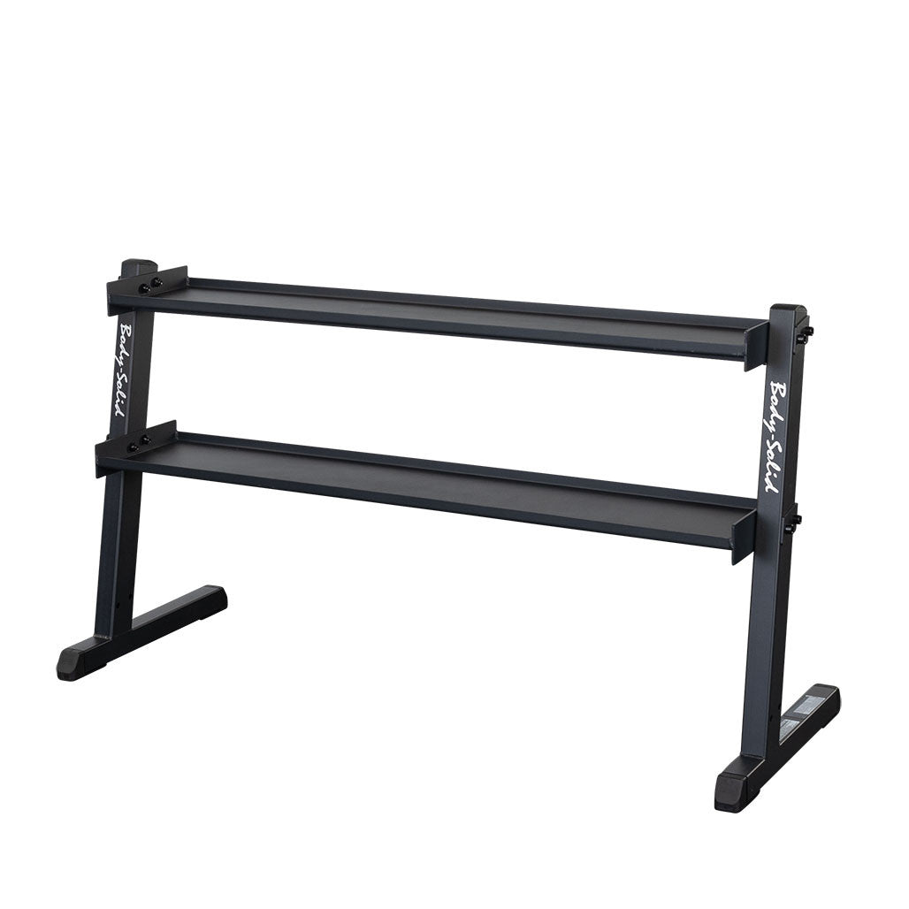 Body-Solid GKR60 two tier commercial kettlebell rack, front view, both trays empty