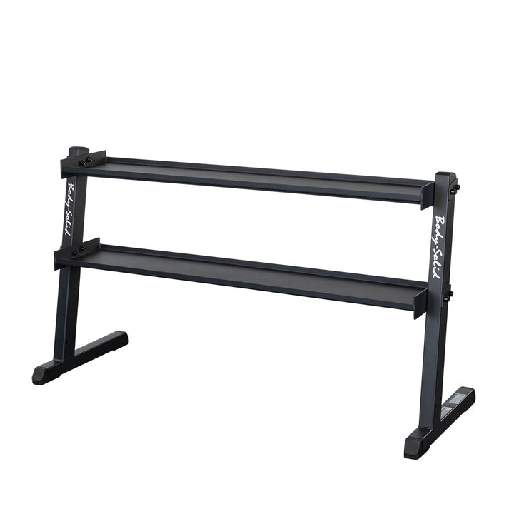 Body-Solid GKR60 two tier commercial kettlebell rack, front view, both trays empty